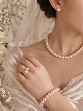 Blush Pink Faux Pearl Jewelry Set 4pc Necklace Bracelet Ring Earrings 925